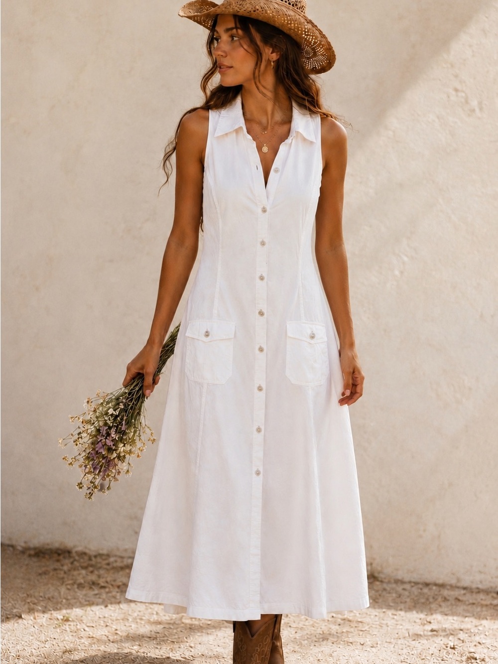 Vintage Jeanology 100% Cotton White Button-Front Maxi Dress